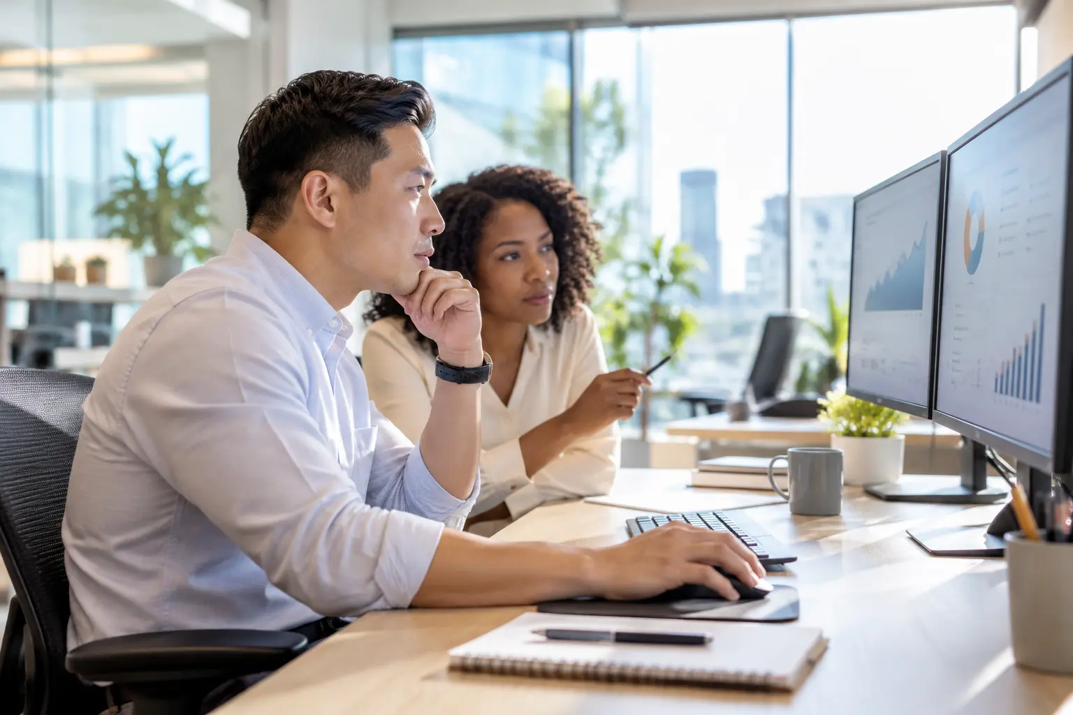 Illustrative security analysts reviewing threats in a bright operations office
