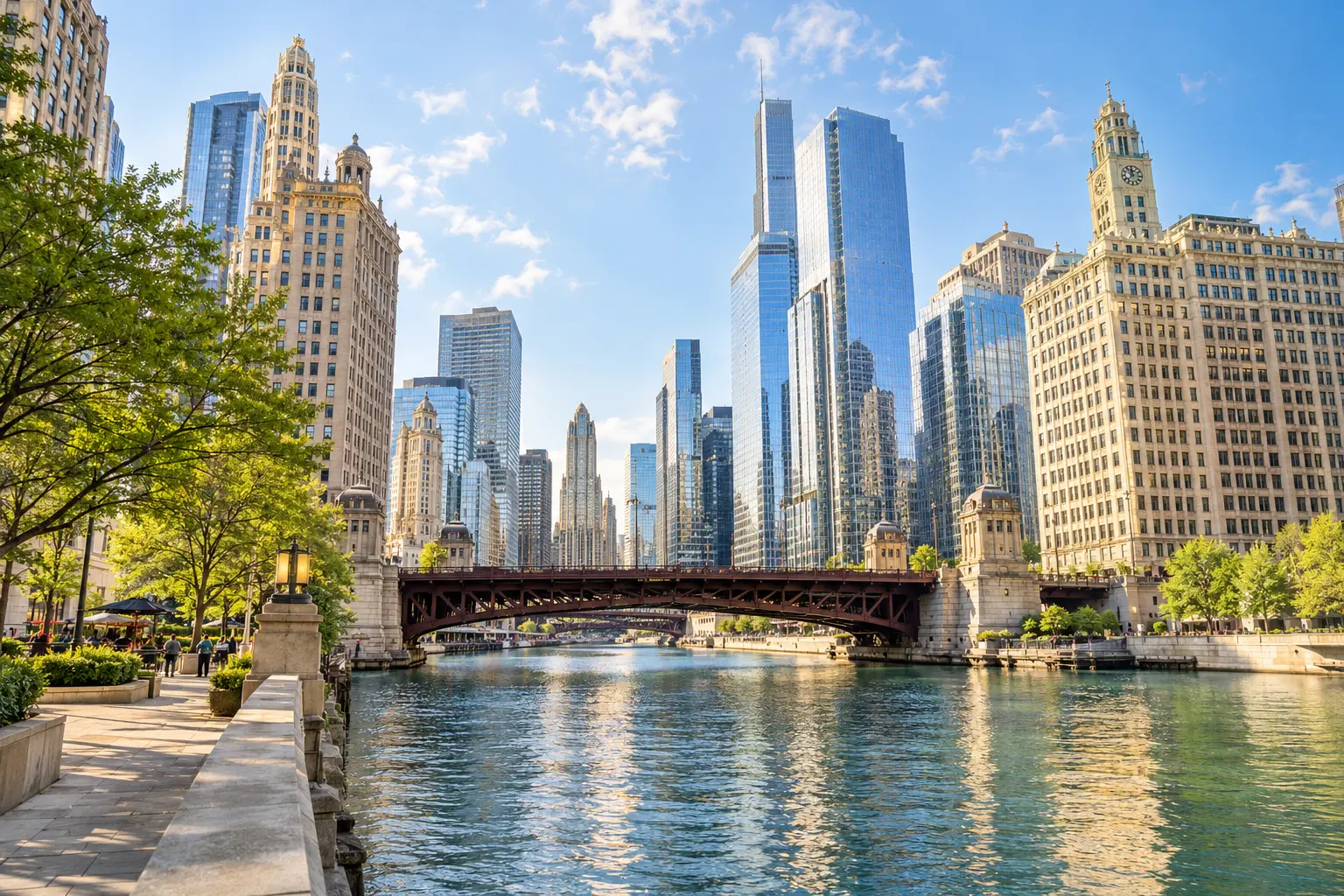 AI-generated architectural view inspired by the Chicago River and downtown skyline