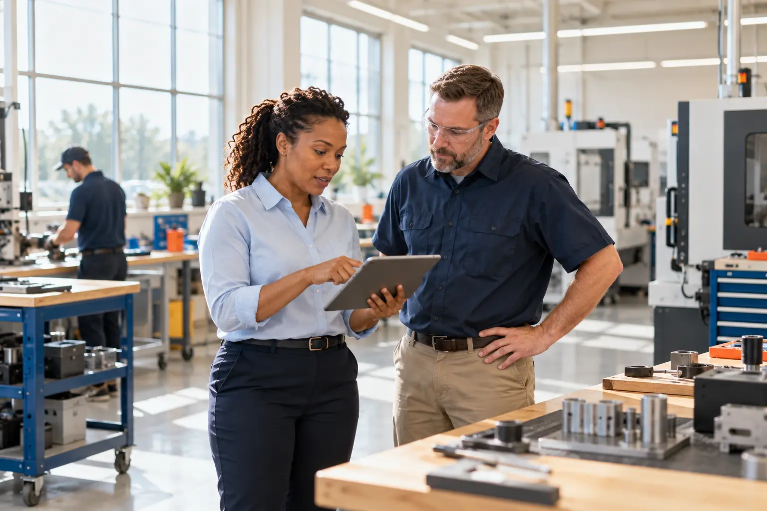 Illustrative scene of Michigan small-business leaders planning work in a bright manufacturing workshop