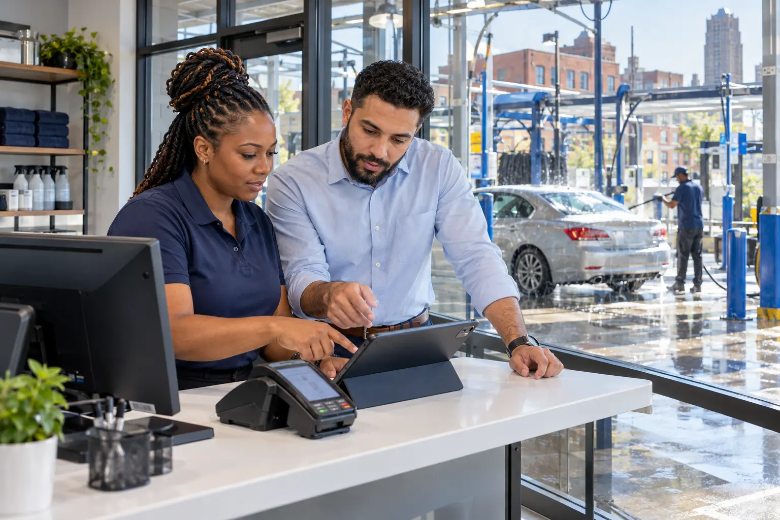Illustrative scene: Car wash owner and adviser reviewing a tablet and payment terminal in a Detroit-inspired business