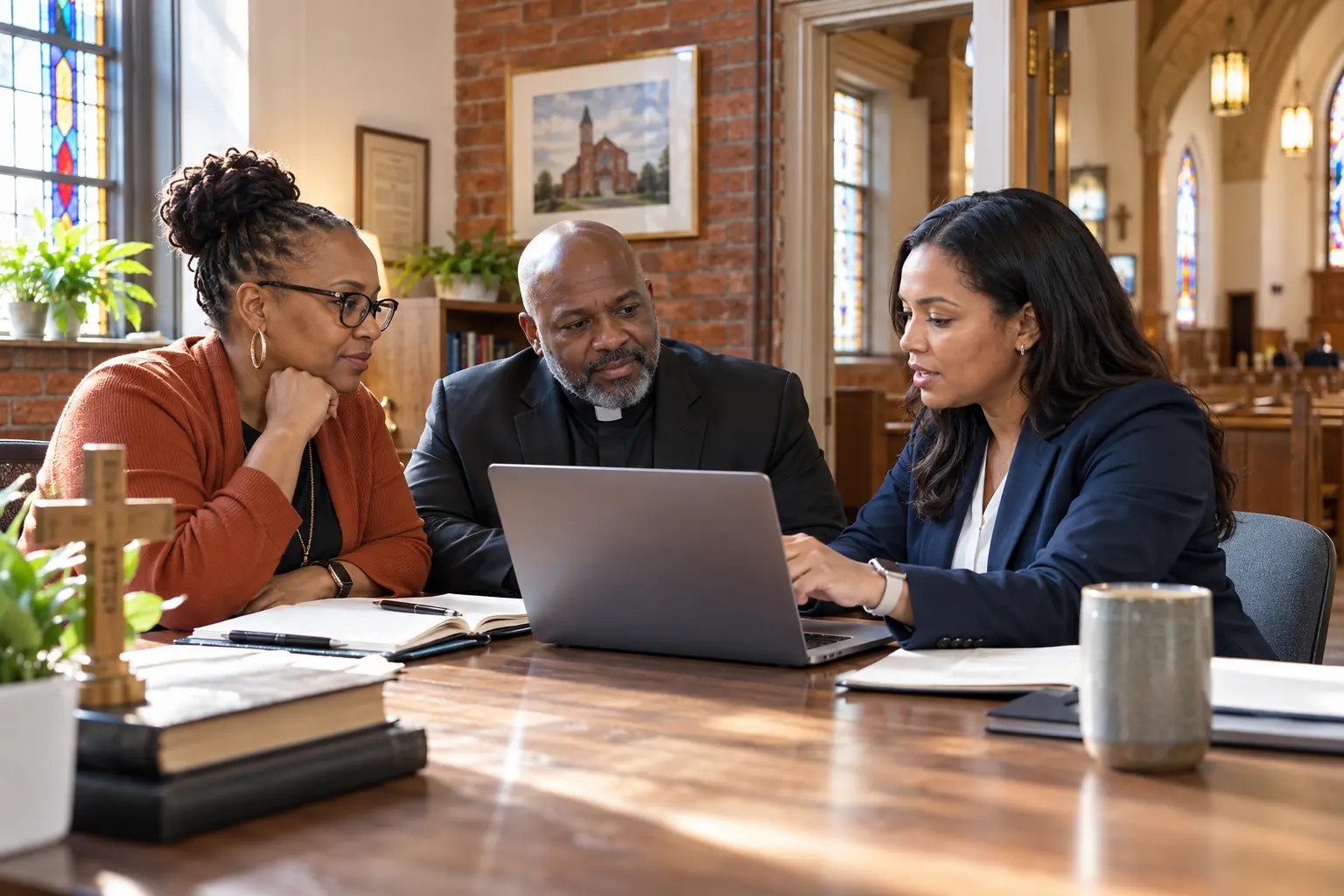Illustrative scene: Church leaders and a technology adviser meeting beside a Detroit-inspired sanctuary