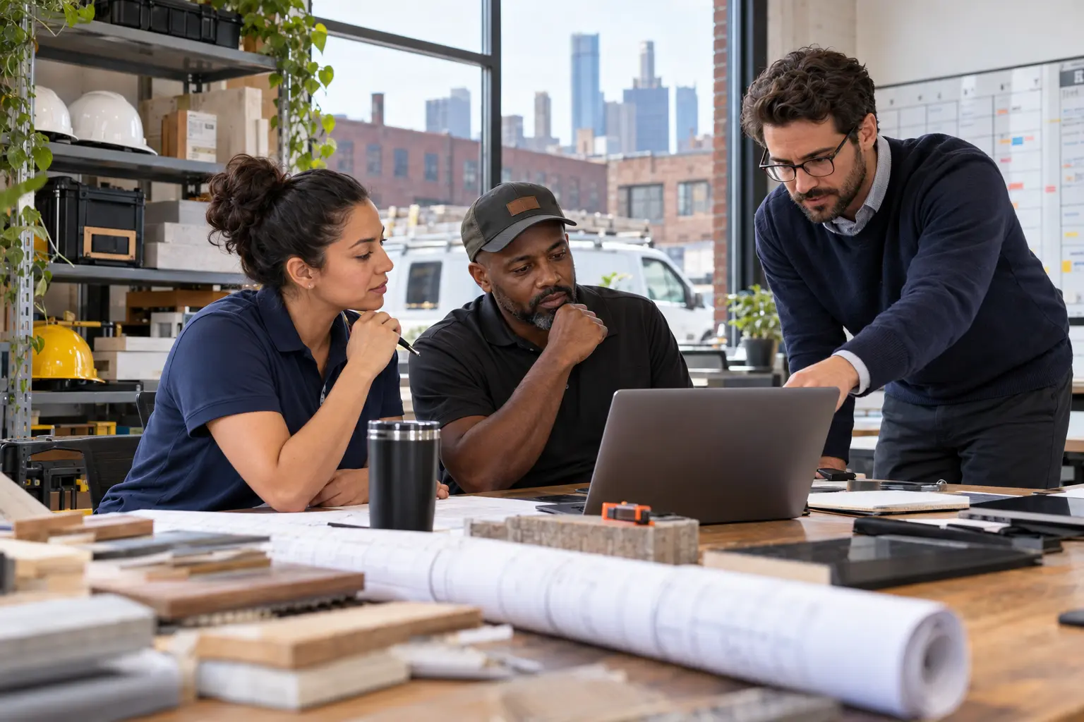 Illustrative scene: Contractor business owners reviewing a laptop and plans in a Detroit-inspired operations office