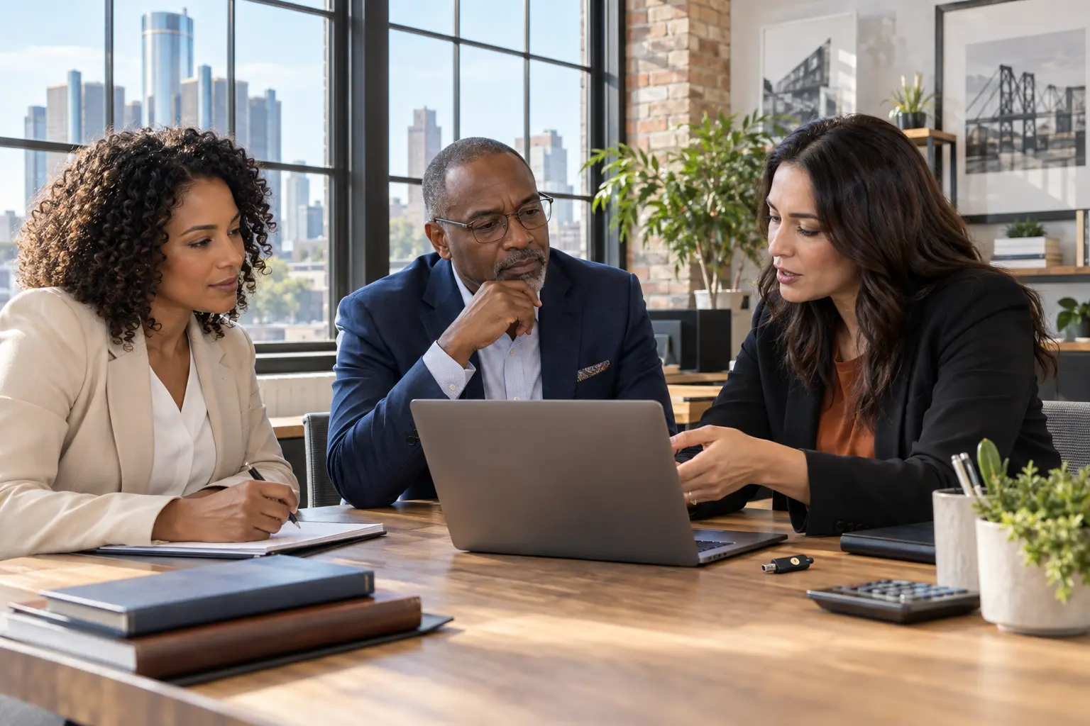 Illustrative scene: Accounting professionals and a security adviser in an office with a Detroit-inspired skyline