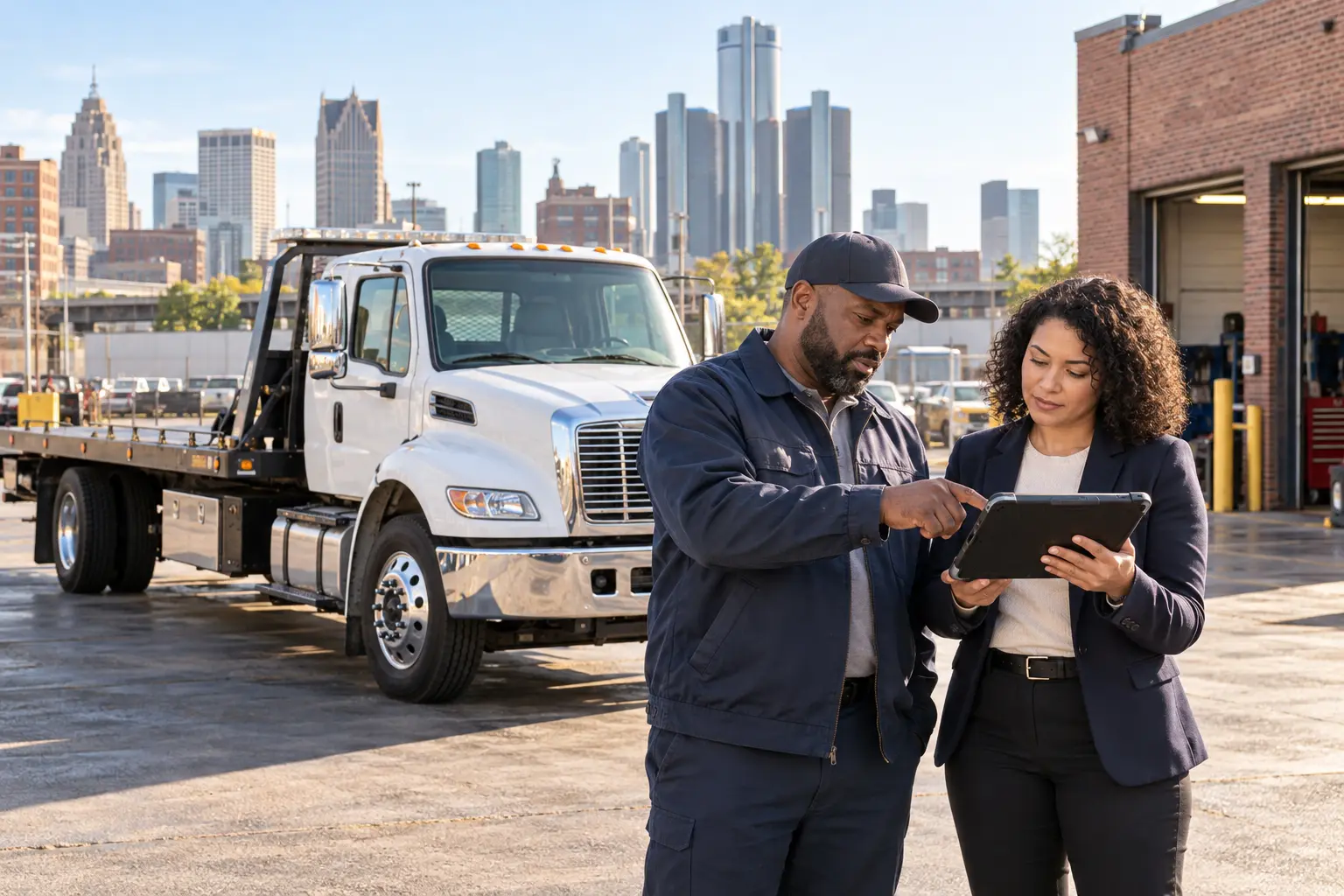 Illustrative scene: Towing company owner reviewing a dispatch tablet beside a flatbed truck and Detroit-inspired skyline